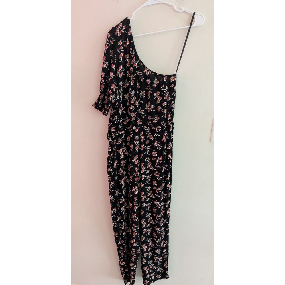 Women's Roan + Ryan Jumpsuit Size M Black Floral One Shoulder - Picture 5 of 7